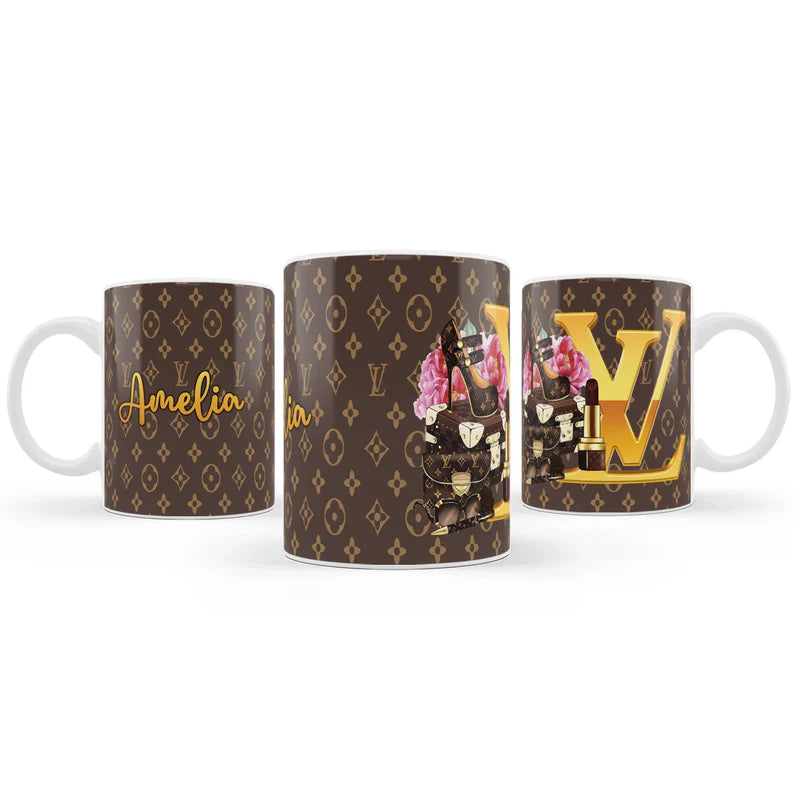 Louis Vuitton inspired sublimation mug with custom name and gold monogram print on white ceramic