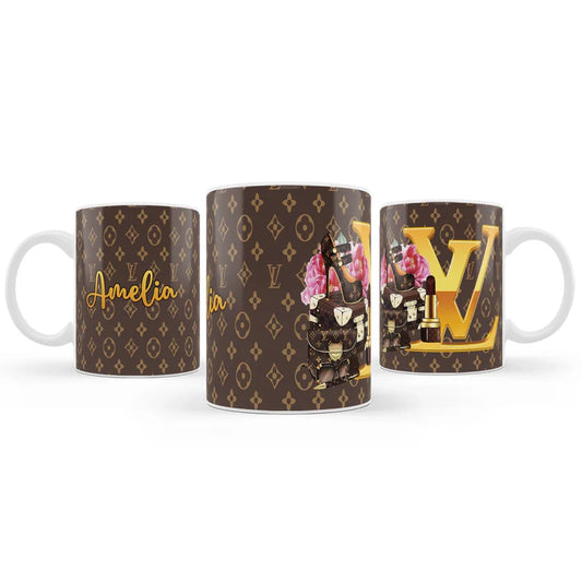 Louis Vuitton inspired sublimation mug with custom name and gold monogram print on white ceramic