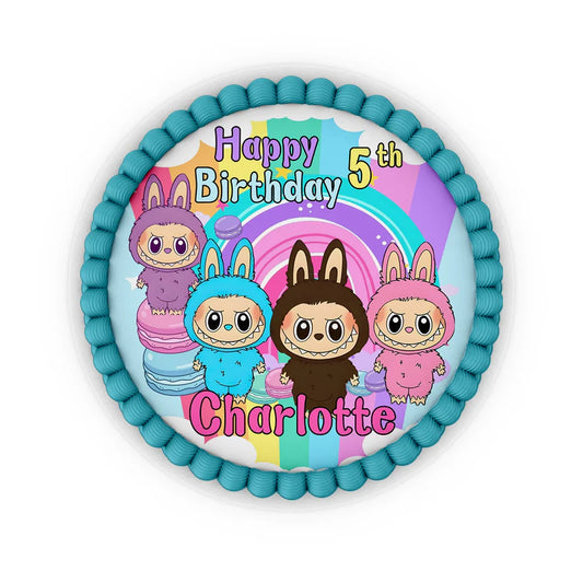 labubu edible icing cake image, vibrant round cake design