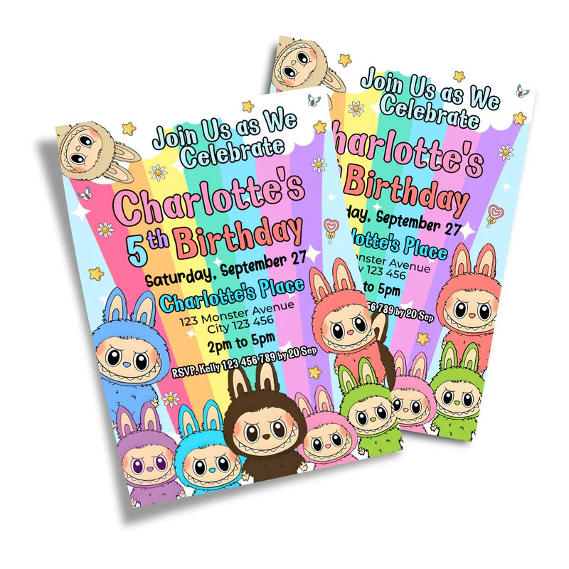 labubu birthday card invitation, customizable digital template3