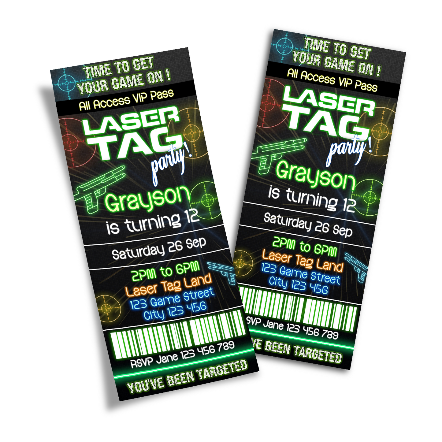 Personalized Birthday Ticket Invitations for a Laser Tag event