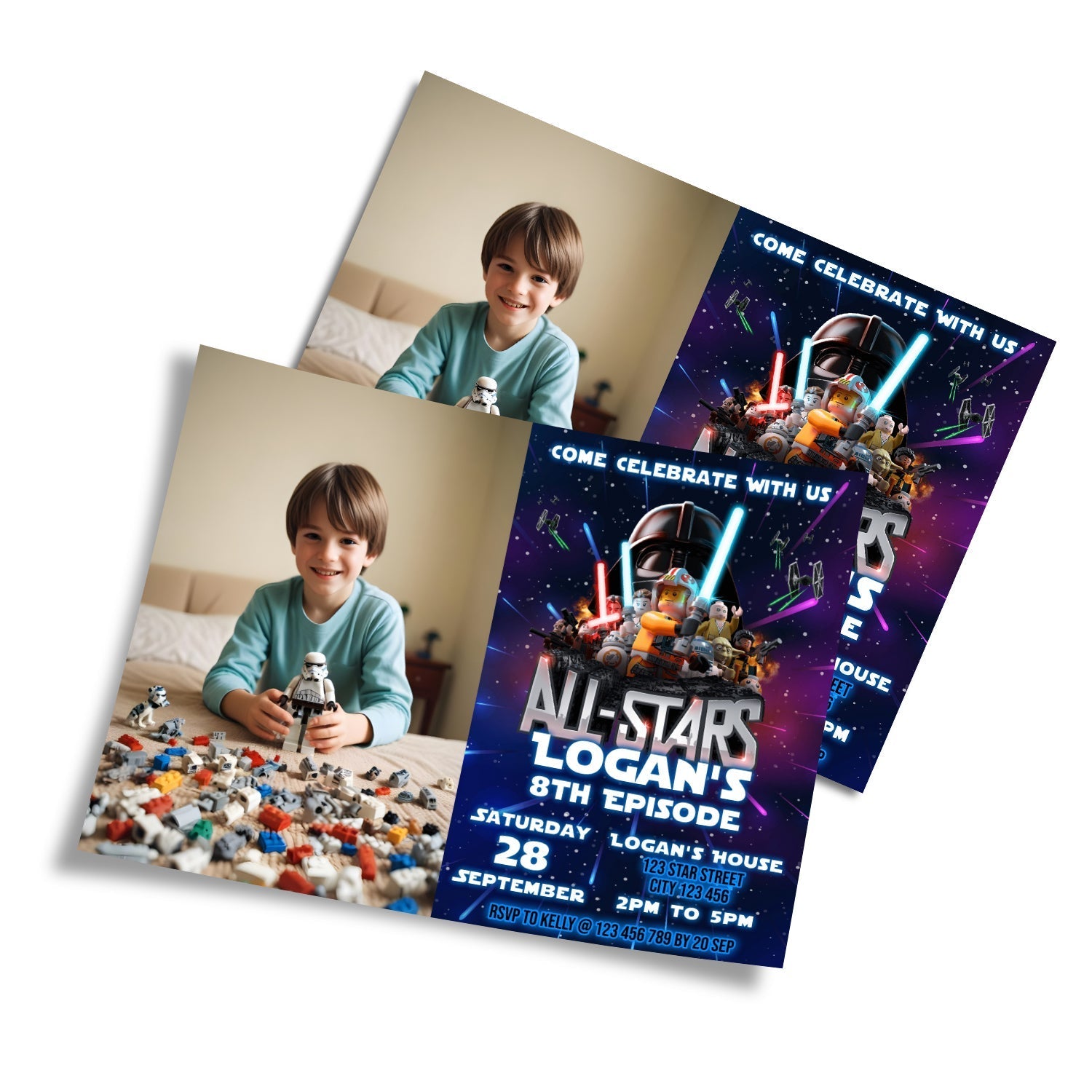 Custom photo card invitations featuring Lego Star Wars designs