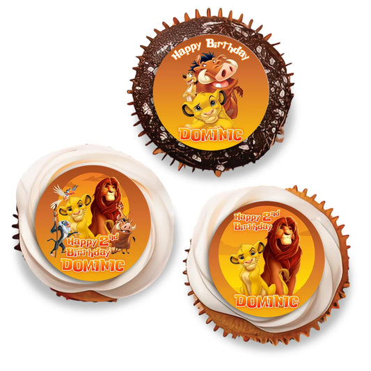 The Lion King Personalized Cupcake Toppers with Simba, Timon, and Pumbaa designs for a fun dessert table.