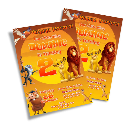 The Lion King Personalized Birthday Card Invitations with Custom names and Lion King-themed designs for party invites.