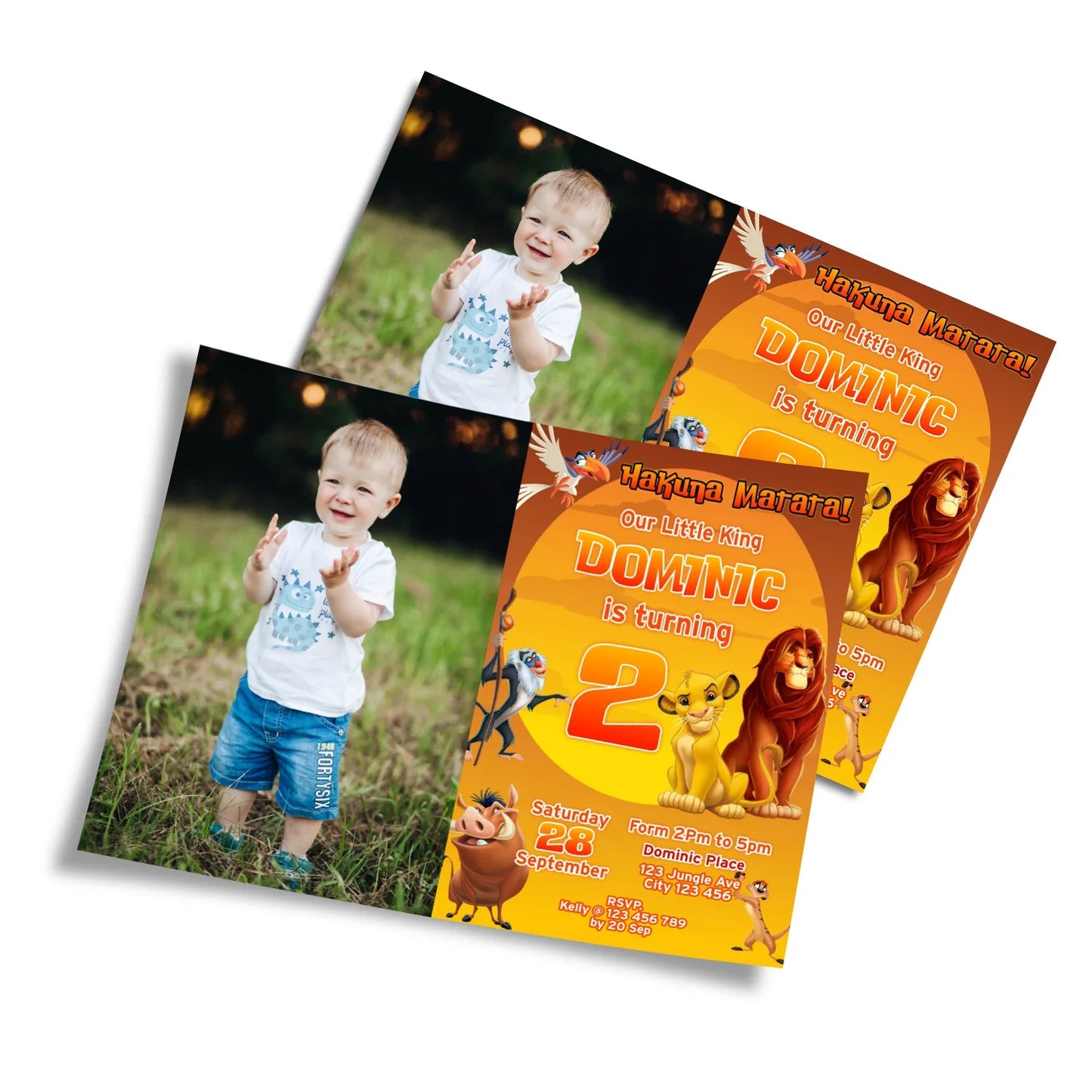 The Lion King Personalized Photo Card Invitations featuring a Photo of your child and Lion King-themed artwork.