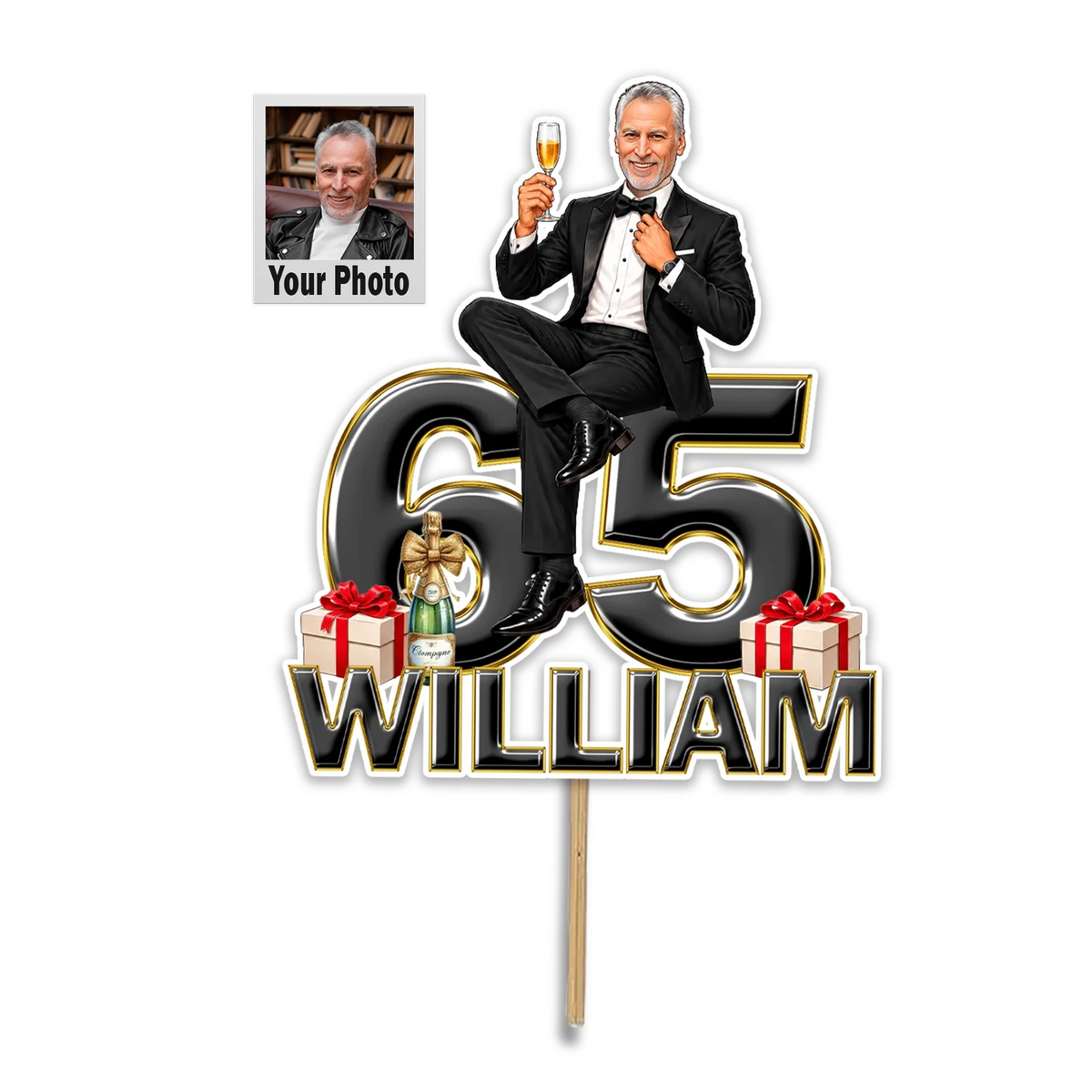 A custom male caricature birthday cake topper featuring a personalised cartoon man's face and a bold cutout of the birthday number standing on a birthday cake