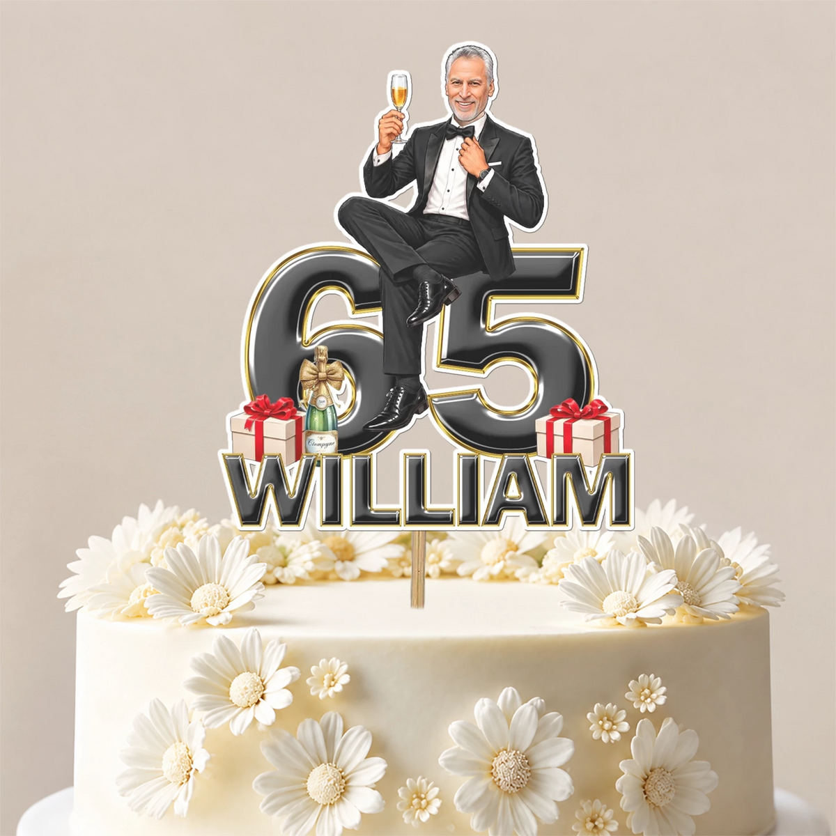 A custom male caricature birthday cake topper featuring a personalised cartoon man's face and a bold cutout of the age number standing on a birthday cake