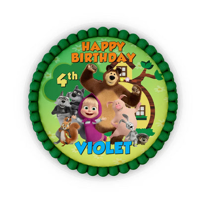 Masha and the Bear edible icing cake image, round, on white background