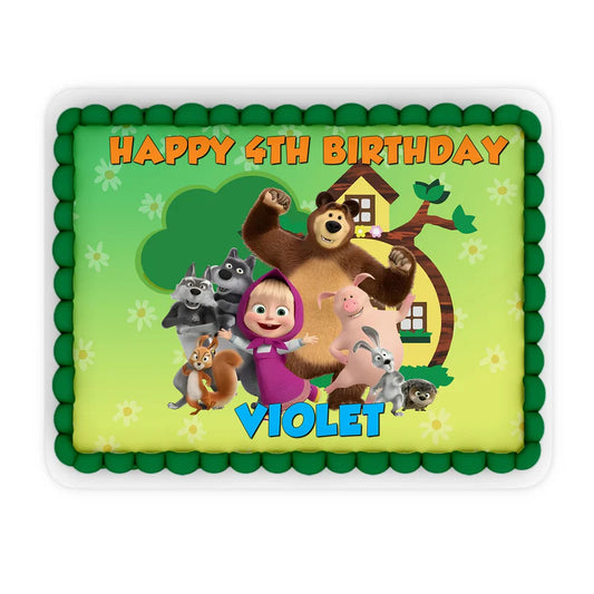 Masha and the Bear edible sheet cake image, rectangular, vibrant colors