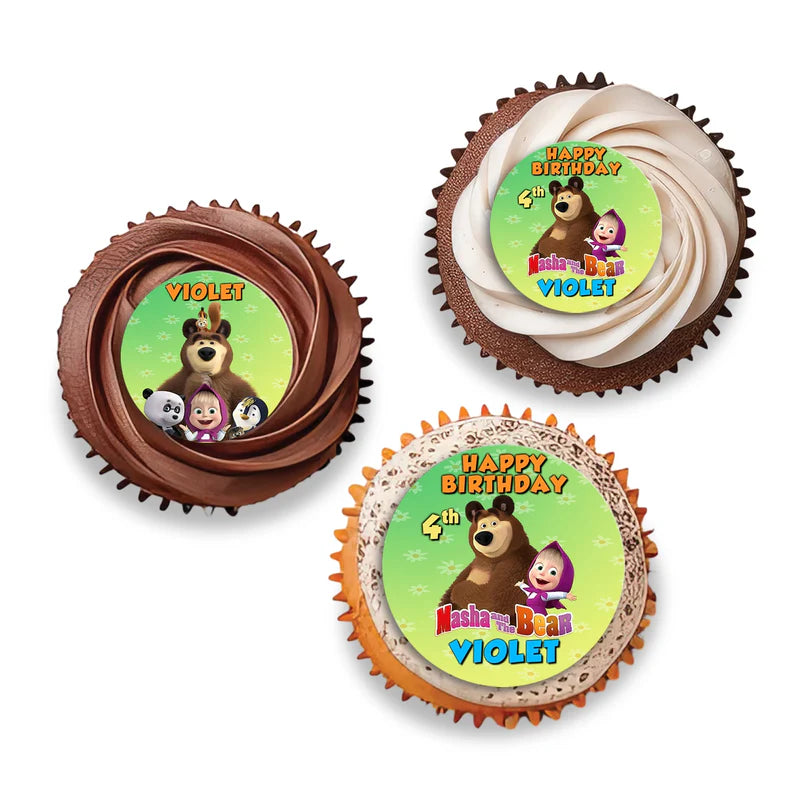 Masha and the Bear personalized cupcake toppers, set of twelve