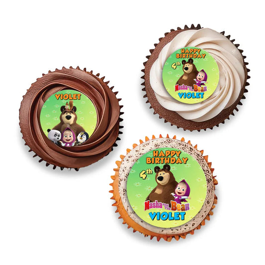 Masha and the Bear personalized cupcake toppers, set of twelve