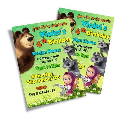 Masha and the Bear personalized birthday card invitation, front view
