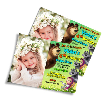 Masha and the Bear photo card invitation, child's photo placeholder