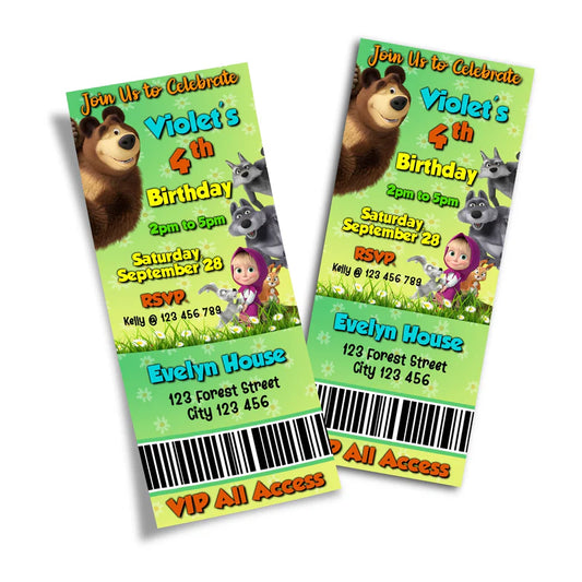 Masha and the Bear birthday ticket invitation, fun event style