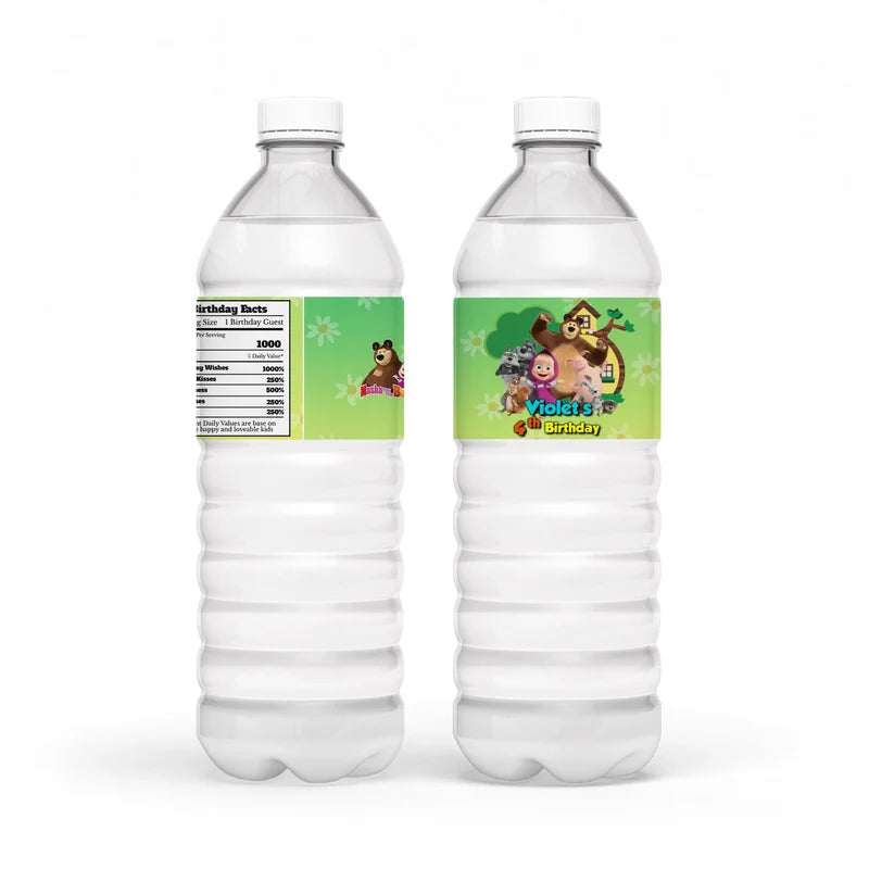 Masha and the Bear water bottle label, wrapped around bottle