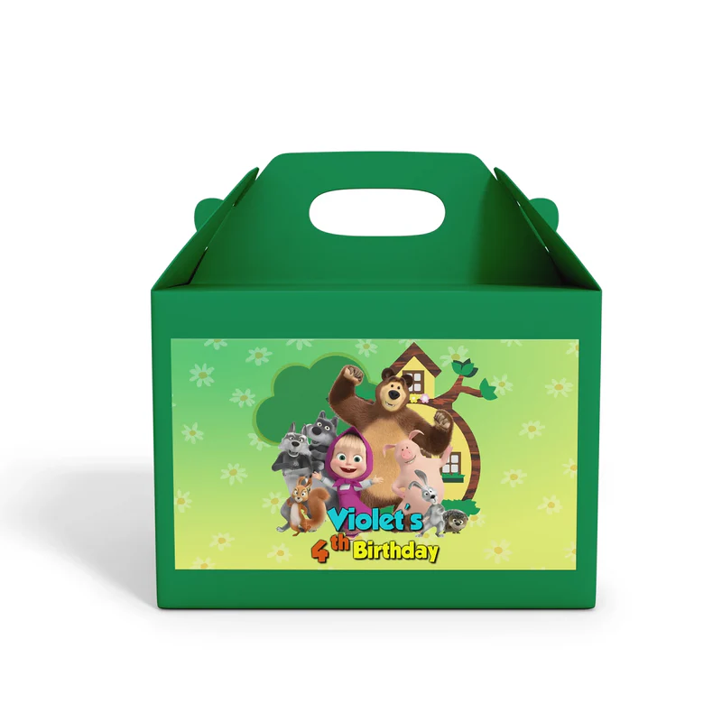 Masha and the Bear treat box label, colorful character design
