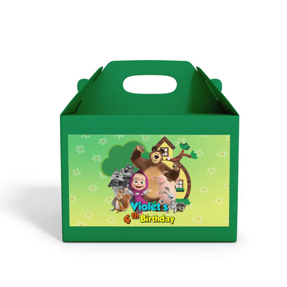 Masha and the Bear treat box label, colorful character design