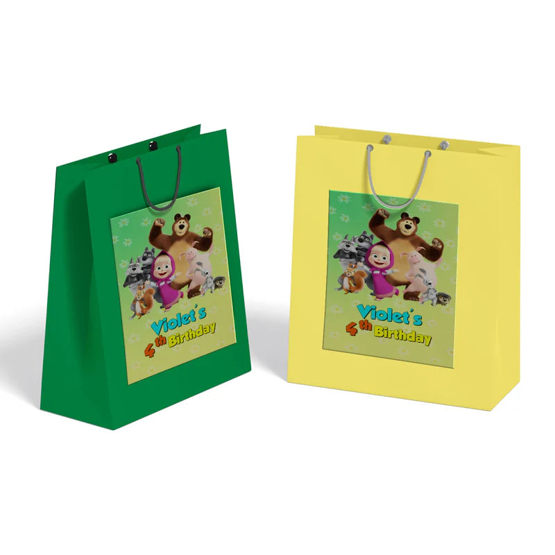 Masha and the Bear goodie bag label, rectangular, on white bag