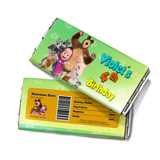 Masha and the Bear chocolate label, wrapped candy bar