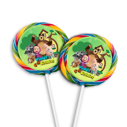 Masha and the Bear lollipop label, round sticker on lollipop