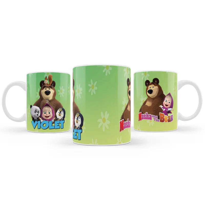 Masha and the Bear sublimation mug, vibrant character print, white ceramic
