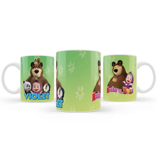 Masha and the Bear sublimation mug, vibrant character print, white ceramic