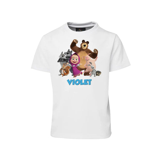 Masha and the Bear sublimation t-shirt, graphic print on white tee
