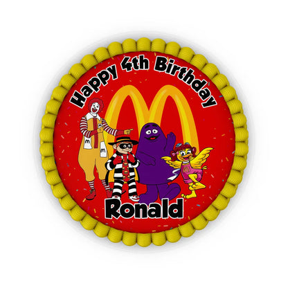 McDonalds edible icing cake image with custom name and birthday message on a flat sheet