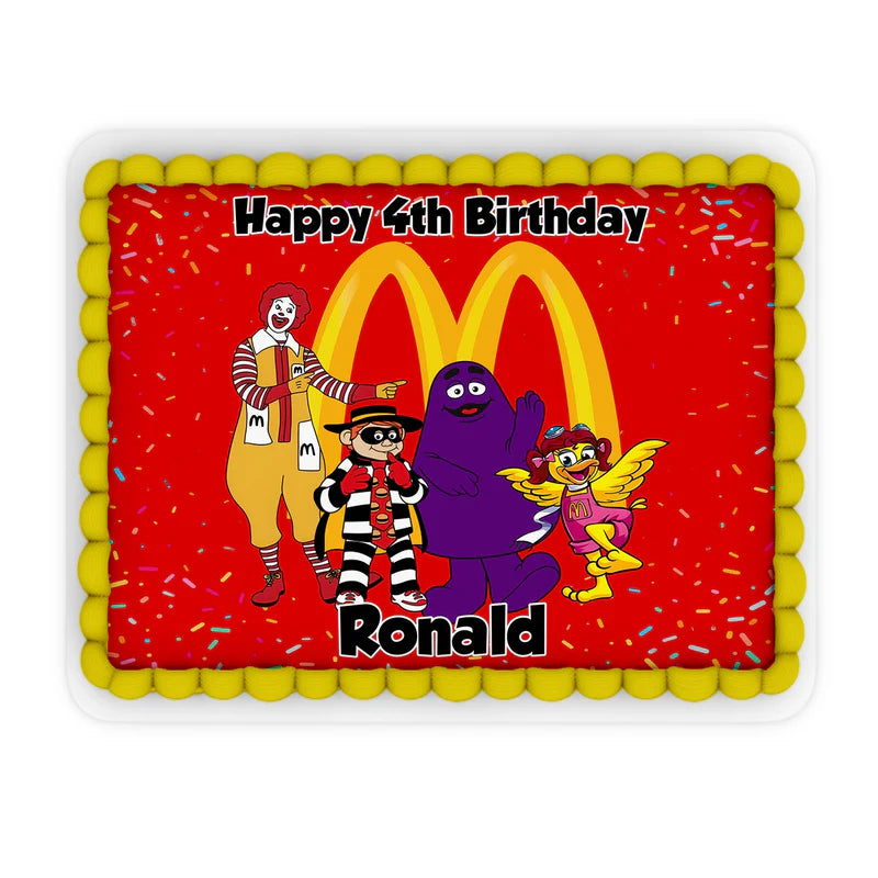 McDonalds sheet cake topper with fries and burger design centered on icing sheet