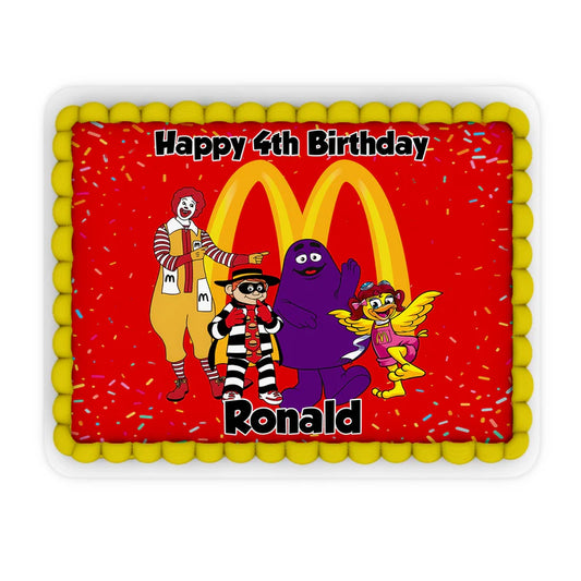 McDonalds sheet cake topper with fries and burger design centered on icing sheet