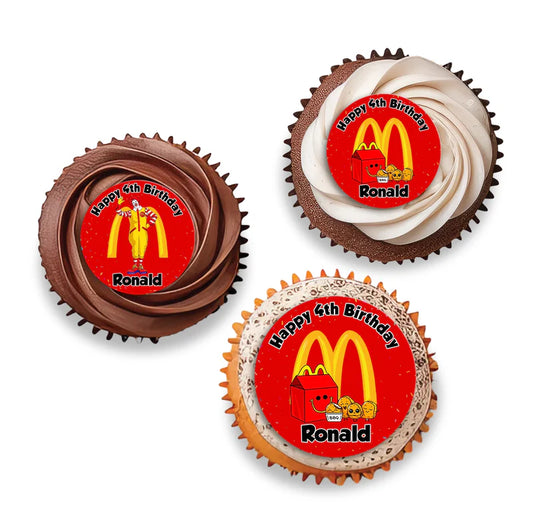 McDonalds cupcake toppers with bright characters and logo laid out in circle pattern