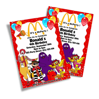 McDonalds birthday card invitation with red border and yellow text on wooden table