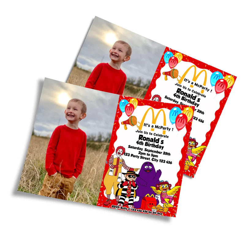McDonalds photo invitation with child’s photo and burger theme design on kraft paper background