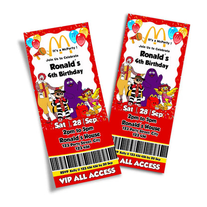 McDonalds ticket invitation with red background and bold yellow details on a flat surface