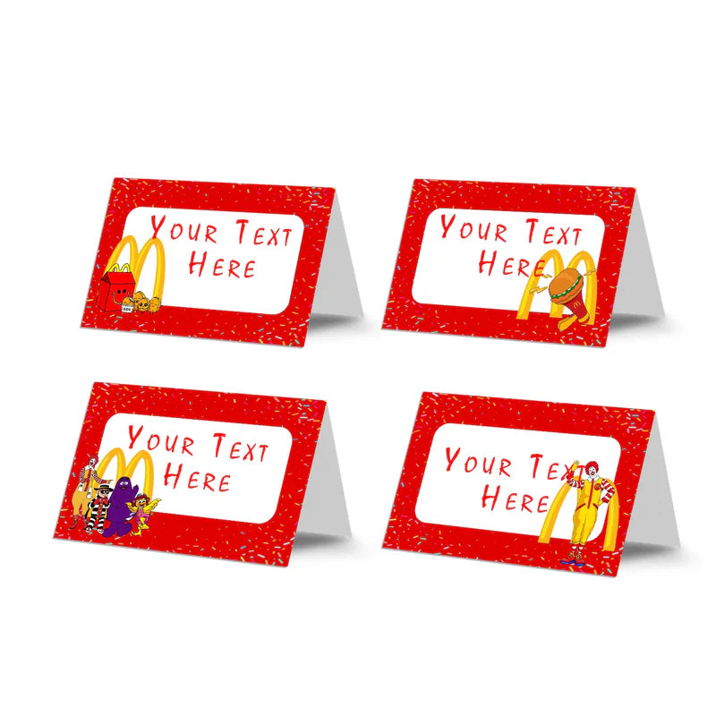 McDonalds food cards with editable red and yellow design standing on party table