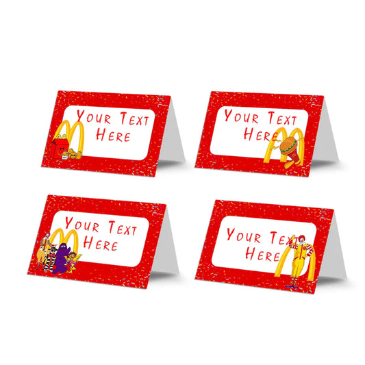 McDonalds food cards with editable red and yellow design standing on party table