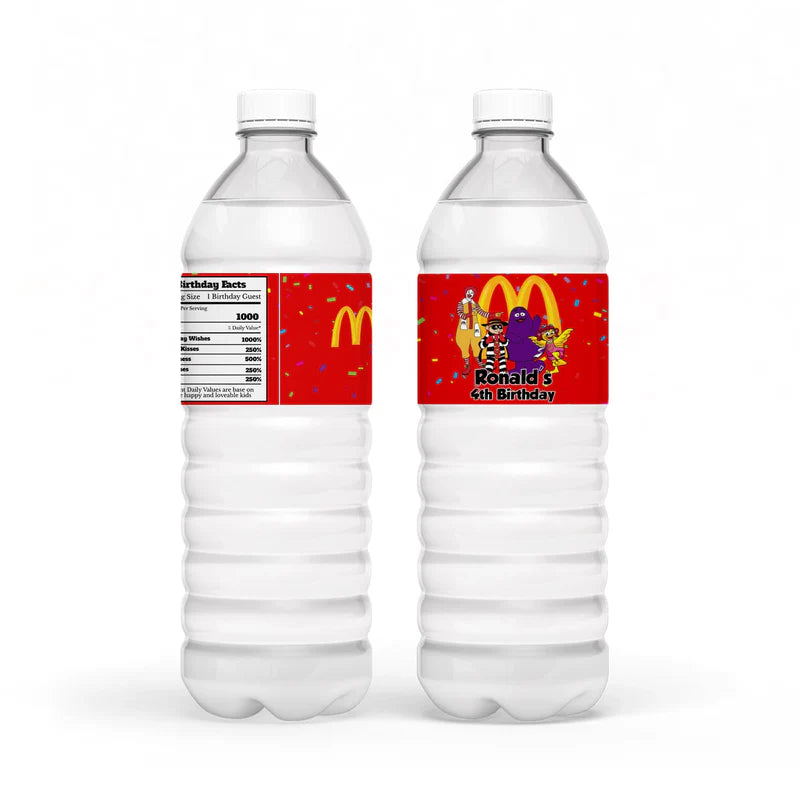 McDonalds water bottle label with red striped pattern and fries illustration wrapped on bottle