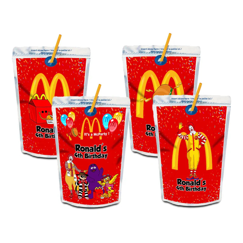 McDonalds juice pouch label with bright fast food graphics flat lay on kraft background