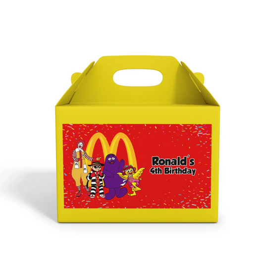 McDonalds treat box label with colorful border and personalized name on glossy paper
