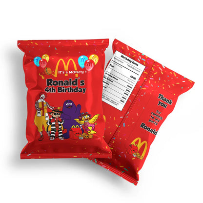 McDonalds chips bag label with cartoon food pattern on silver snack pouch flat lay