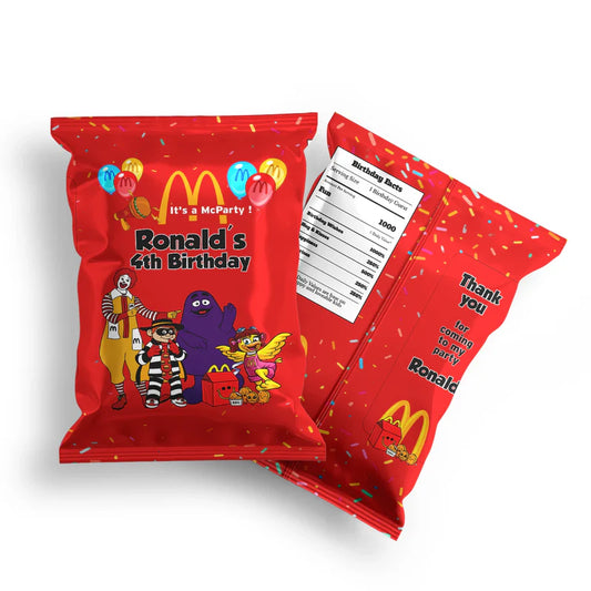 McDonalds chips bag label with cartoon food pattern on silver snack pouch flat lay