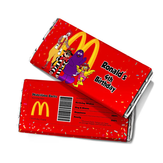 McDonalds chocolate label with fun graphics and custom name on wrapper around bar