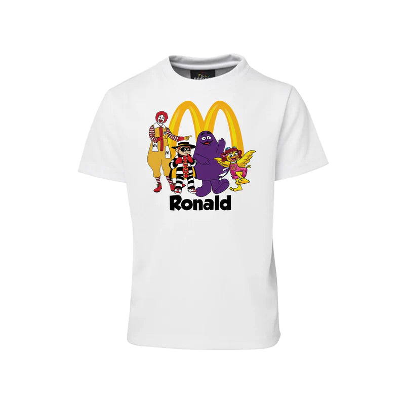 McDonalds T-shirt with burger and fries graphic and personalized text on white cotton fabric