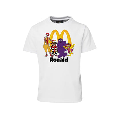 McDonalds T-shirt with burger and fries graphic and personalized text on white cotton fabric
