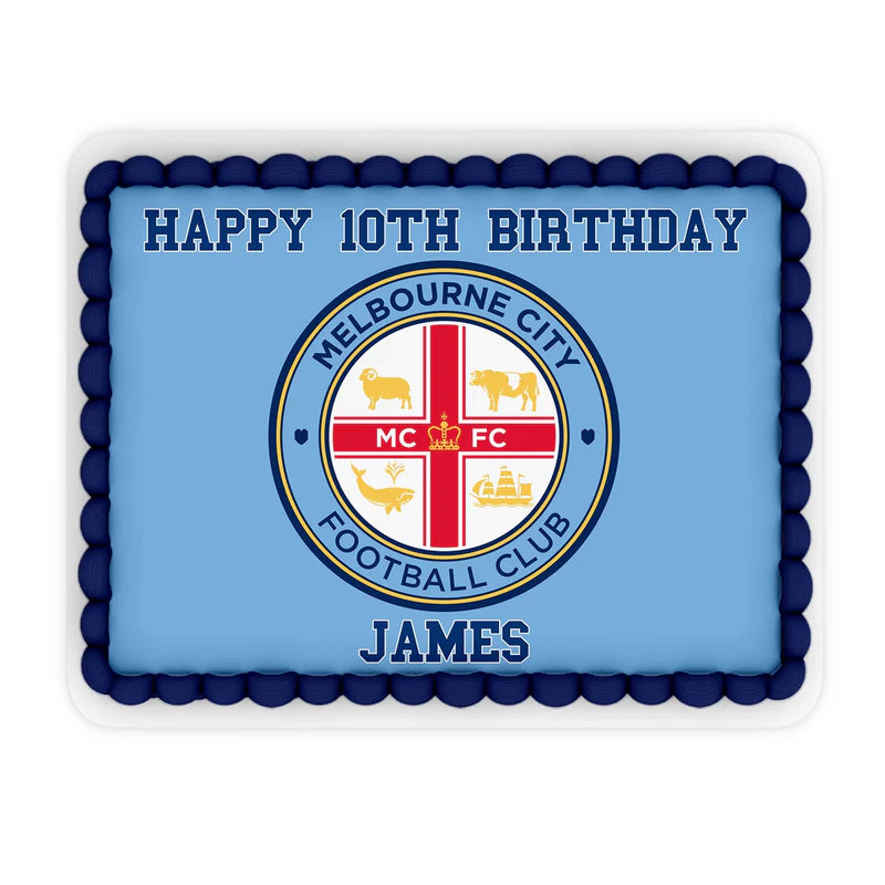 Melbourne FC edible sheet cake image with red and blue graphics on white frosting
