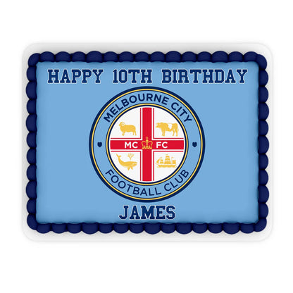 Melbourne FC edible sheet cake image with red and blue graphics on white frosting