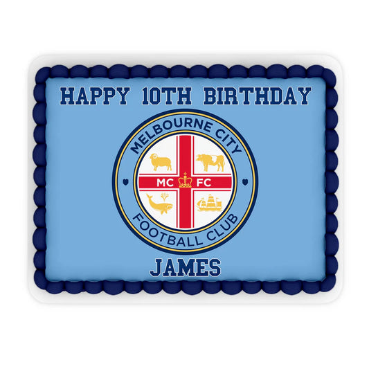 Melbourne FC edible sheet cake image with red and blue graphics on white frosting