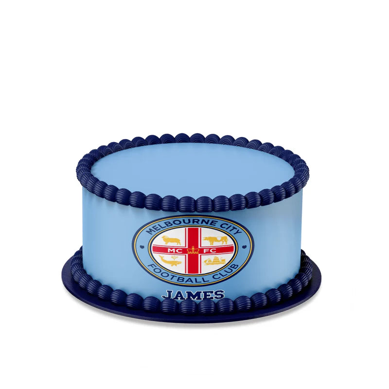 Melbourne FC edible cake strips in red and blue icing with team logo flat lay