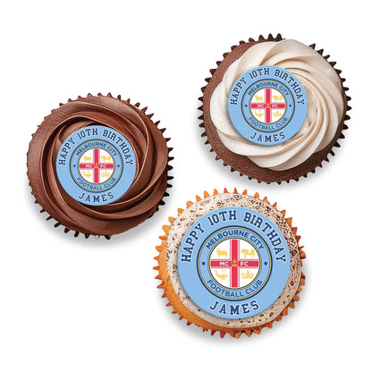 Melbourne FC cupcake toppers with round team logo design arranged in flat lay