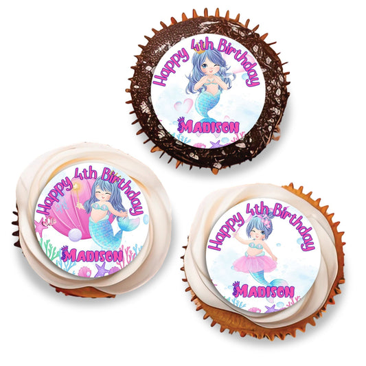 Cupcake toppers with personalized mermaid theme